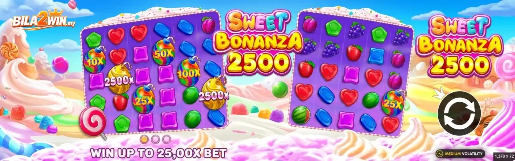 ILA2WIN slot game banner for Sweet Bonanza 2500 showing twin reel grids with fruit symbols, multiplier bombs up to 2500x, and text reading "WIN UP TO 25,000X BET."