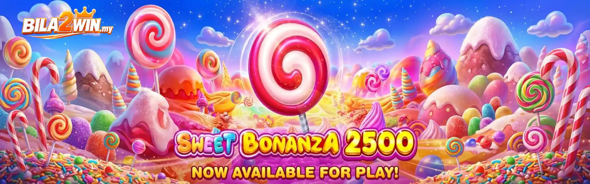 BILA2WIN Sweet Bonanza 2500 banner with lollipops, candy canes, and colorful sweets.