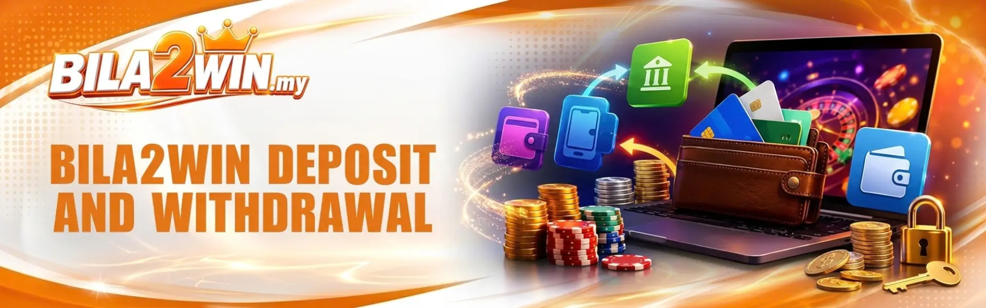 BILA2WIN deposit and withdrawal banner with laptop, wallet, coins, and padlock.